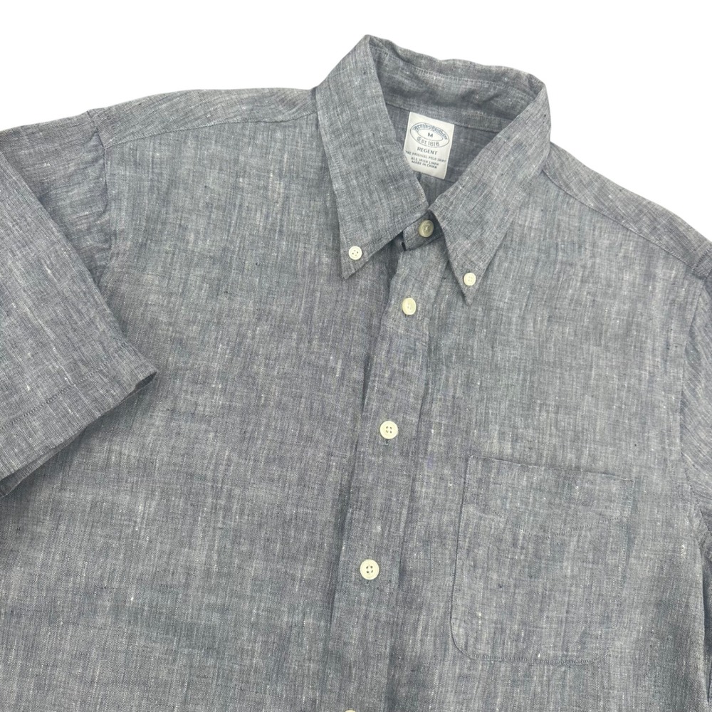 Brooks Brothers Mens M Regent Irish Linen Short Sleeve Button Down Shirt Blue